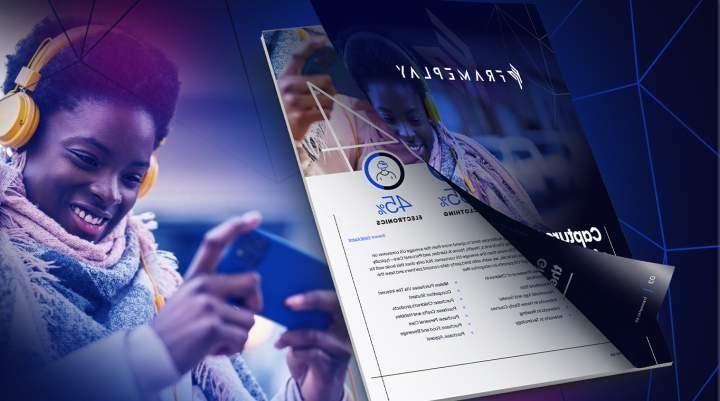 Key images from Frameplay's Report, Capture the Attention of Holiday Shoppers Through Gaming, including a woman gaming on a smart device and the report. 